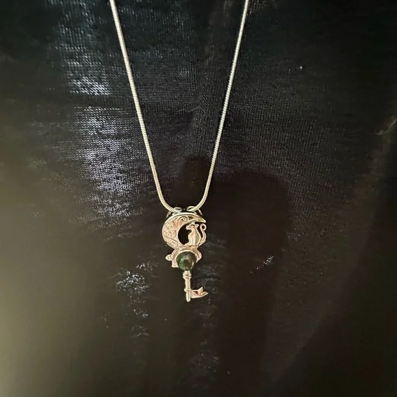 Silver 925 Cat and Moon Key Shape Pendant Necklace on Stainless Steel Chain - Picture 16 of 16